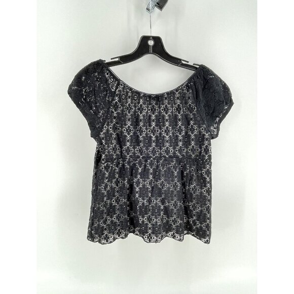 AB Studio Women's Black White Lace Top Shirt Size Small Casual Fun Short Sleeves - Picture 5 of 10